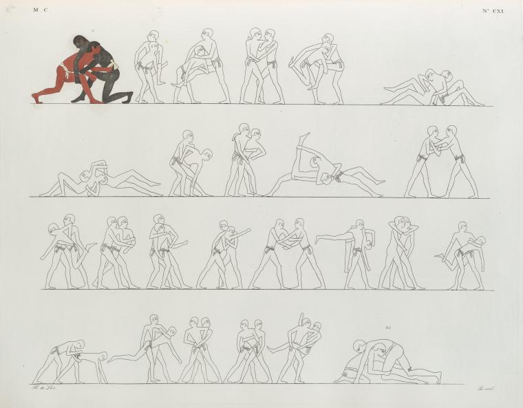 Sequenza della scena di lotta dalla necropoli di Beni Hassan. Disegni di Ippolito Rosellini da “I monumenti dell’Egitto e della Nubia”