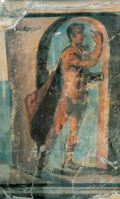 Dettaglio dell'affresco in cui Edipo risolve l'enigma della Sfinge